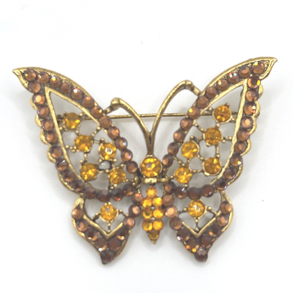 Vintage Butterfly Brooch Antiqued Gold Tone Amber‎ Brown Rhinestone Insect Pin